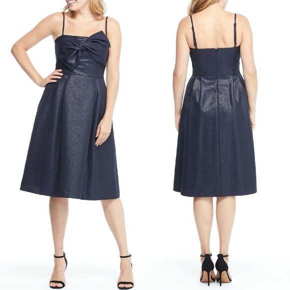 NEW GAL MEETS GLAM Shimmery NAVY Lucille STARRY NIGHT Fit & Flare BOW DRESS 4 - Picture 1 of 14